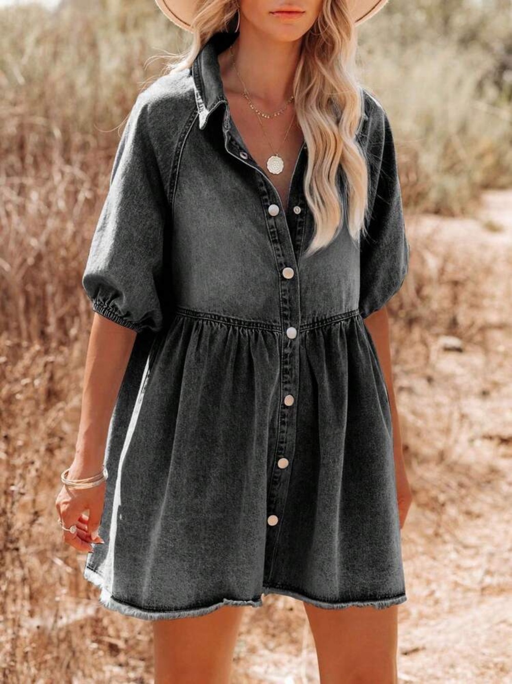 vestique Black Denim Button-Front Mini Dress